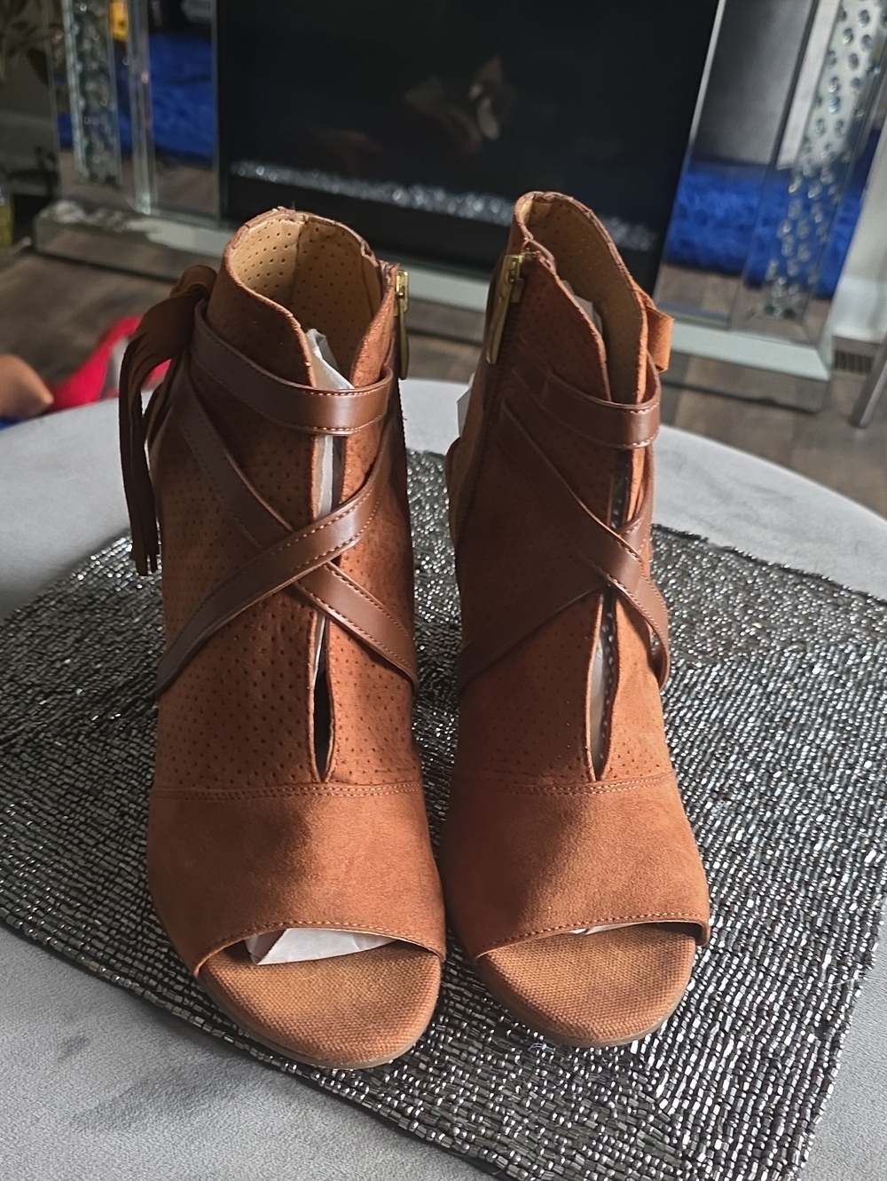 Franco Sarto Brown Suede Open-Toe Ankle Boots with Crisscross Straps